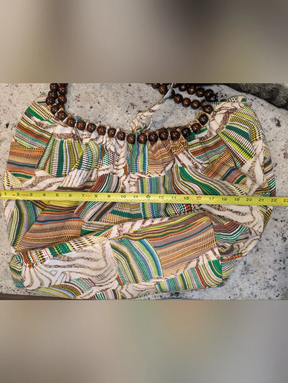 AMICI Accessories Boho Tribal Print Wooden Bead Handle Hobo Shoulder Bag Large